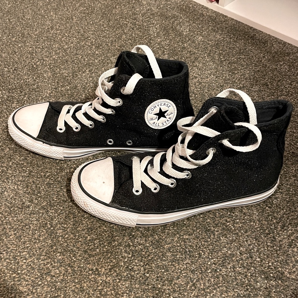 Women’s All Star Converse High Top sneakers — black shimmer thread